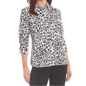 Olivia Leopard Print Point Collar  Roll-Tab Sleeve Button Front Utility Blouse